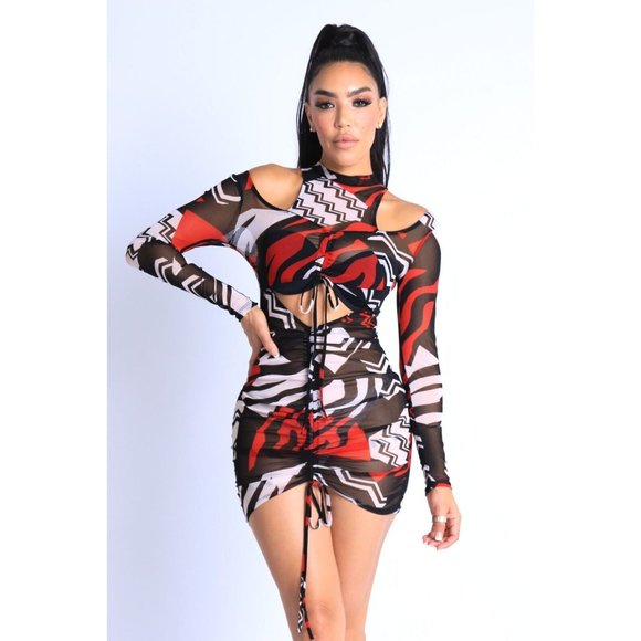 Women's Cutout Detailed Abstract Printed Drawstring Mesh Mini Dress Red Multi - Picture 10 of 10